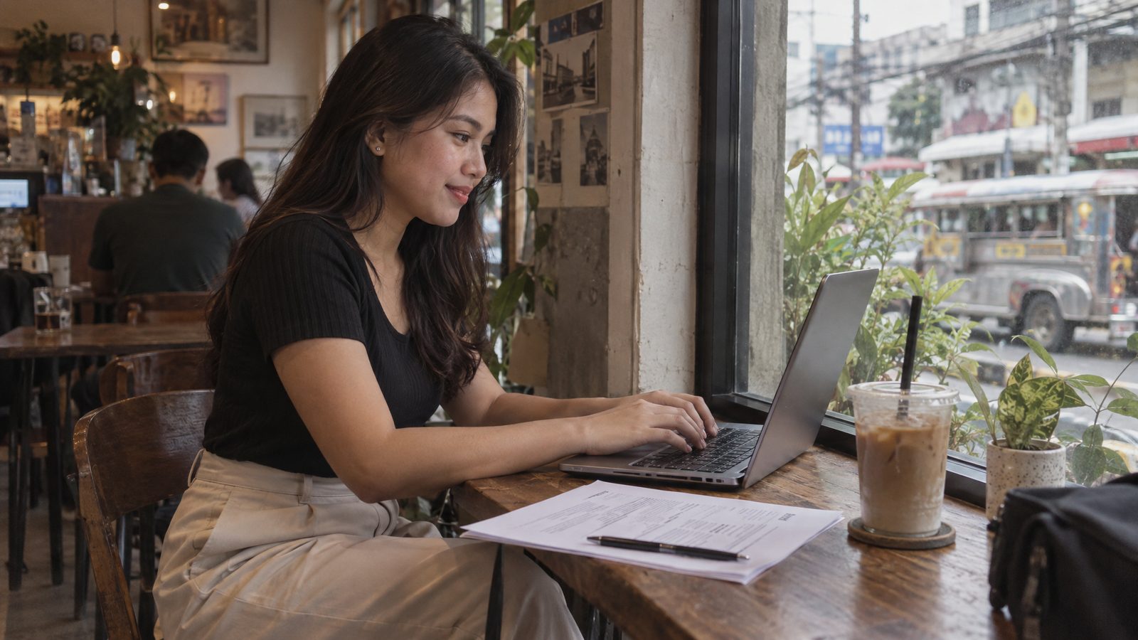 An applicant writing her job application at a coffee shop
